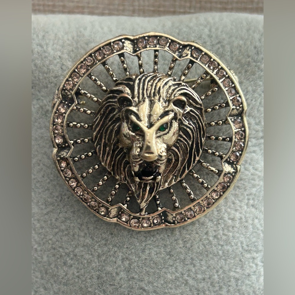 NWOT Lion Head Rhinestone Brooch – Gold Tone Statement Pin
